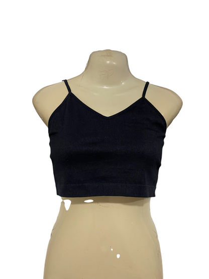 PRIMARK CARES |S| BUST 15| A24| CLASSIC BLACK RIBBED SPAGHETTI STRAP CROP TOP | BASIC COMFORTABLE CAMISOLE