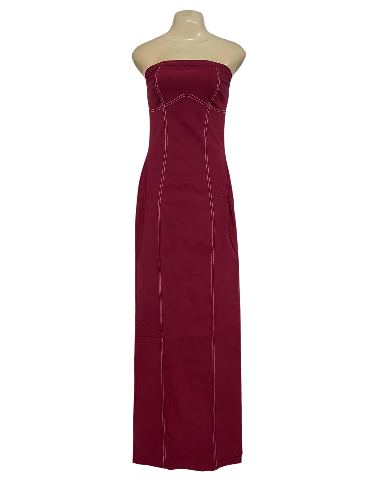 PRETTYLITTLE THING |S| BUST 15| A24| BURGUNDY STRAPLESS CONTRAST STITCHING TUBE MAXI DRESS | ELEGANT SLIM-FIT BODYCON GOWN