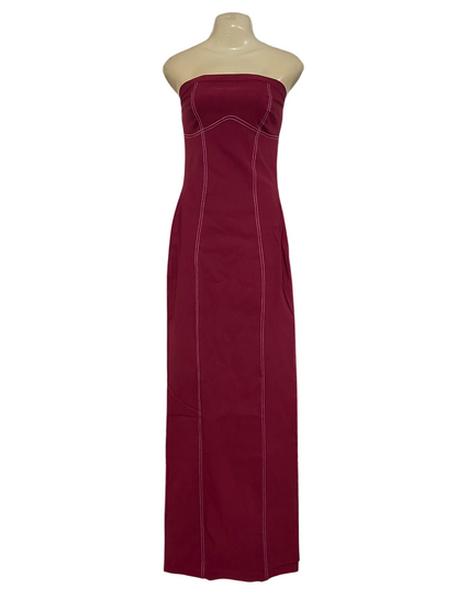 PRETTYLITTLE THING |S| BUST 15| A24| BURGUNDY STRAPLESS CONTRAST STITCHING TUBE MAXI DRESS | ELEGANT SLIM-FIT BODYCON GOWN