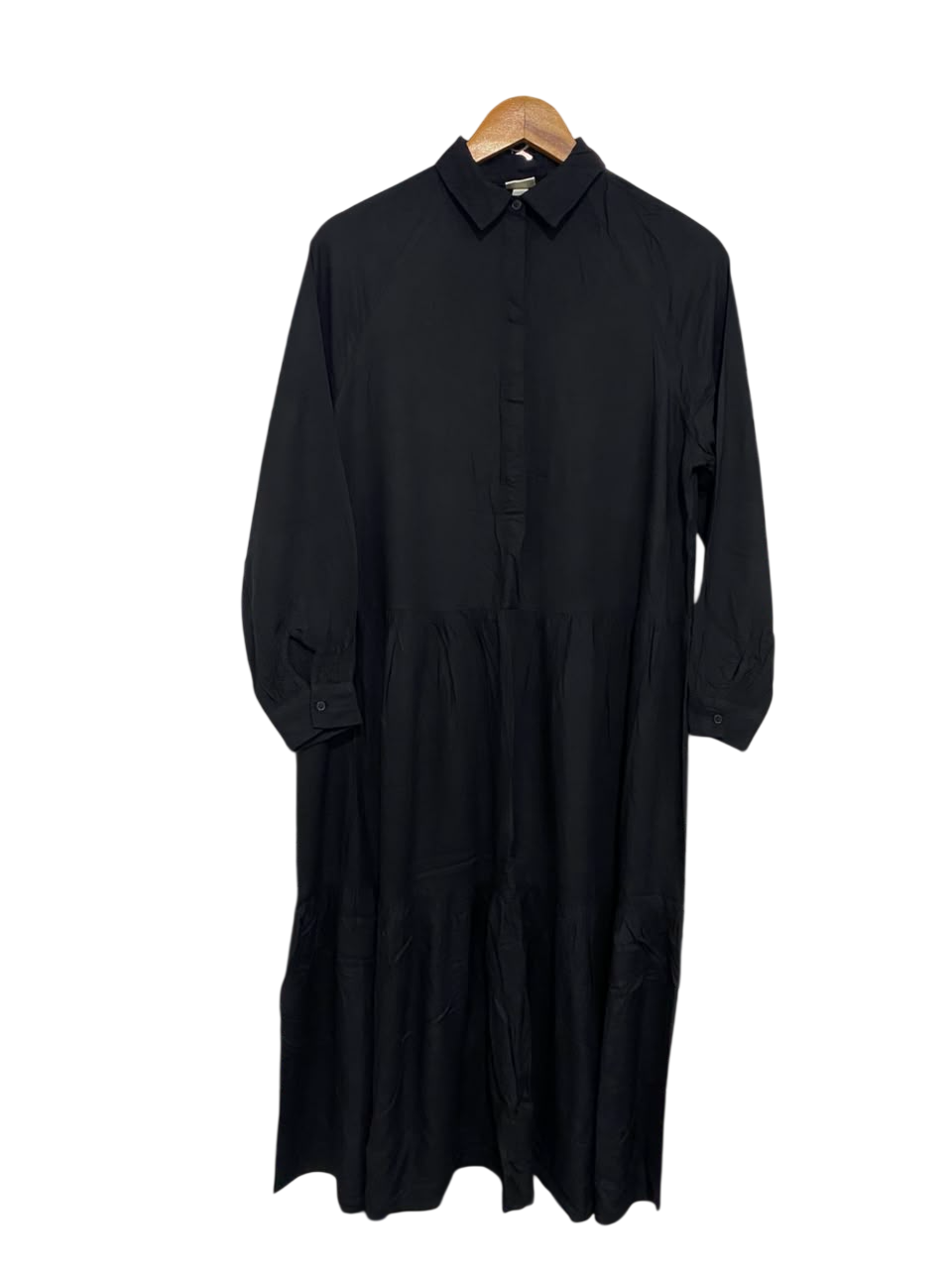 H&M |XS| BUST 20| A24| CLASSIC BLACK COLLARED BUTTON-UP TIERED MIDI SHIRT DRESS | ELEGANT LONG-SLEEVE MAXI DRESS