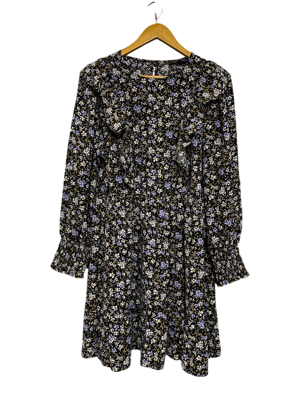 PRIMARK |L| BUST 20| A24| BLACK AND WHITE FLORAL PRINT RUFFLE MINI DRESS | LONG-SLEEVE SMOCKED CUFF DRESS