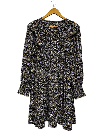 PRIMARK |L| BUST 20| A24| BLACK AND WHITE FLORAL PRINT RUFFLE MINI DRESS | LONG-SLEEVE SMOCKED CUFF DRESS