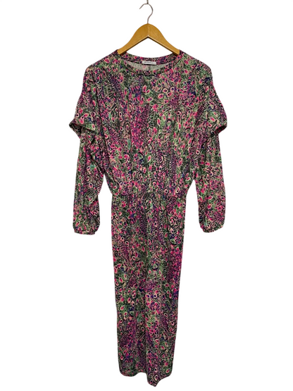 ZARA TRAFALUC |L| BUST 20| A24| MULTICOLOR ABSTRACT PRINT RUFFLE-SHOULDER LONG-SLEEVE MIDI DRESS