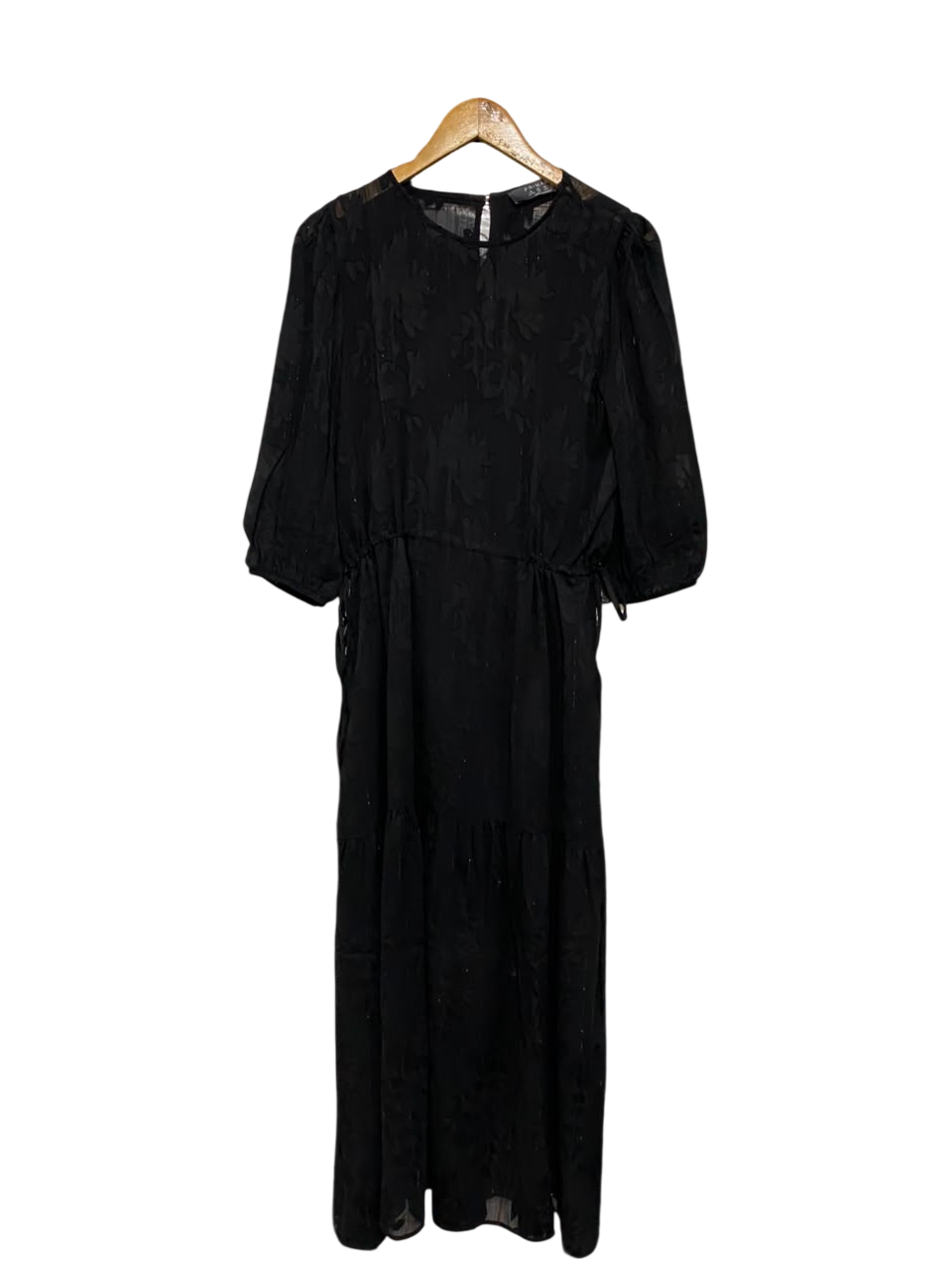PRIMARK |M| BUST 19| A24| BLACK JACQUARD TIERED MIDI DRESS | ELEGANT LONG-SLEEVE EVENING DRESS