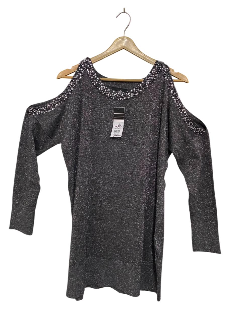 WALLIS |M| BUST FREE| A24| CHARCOAL SPARKLING COLD-SHOULDER EMBELLISHED KNIT TOP | GLAMOROUS PARTY TUNIC