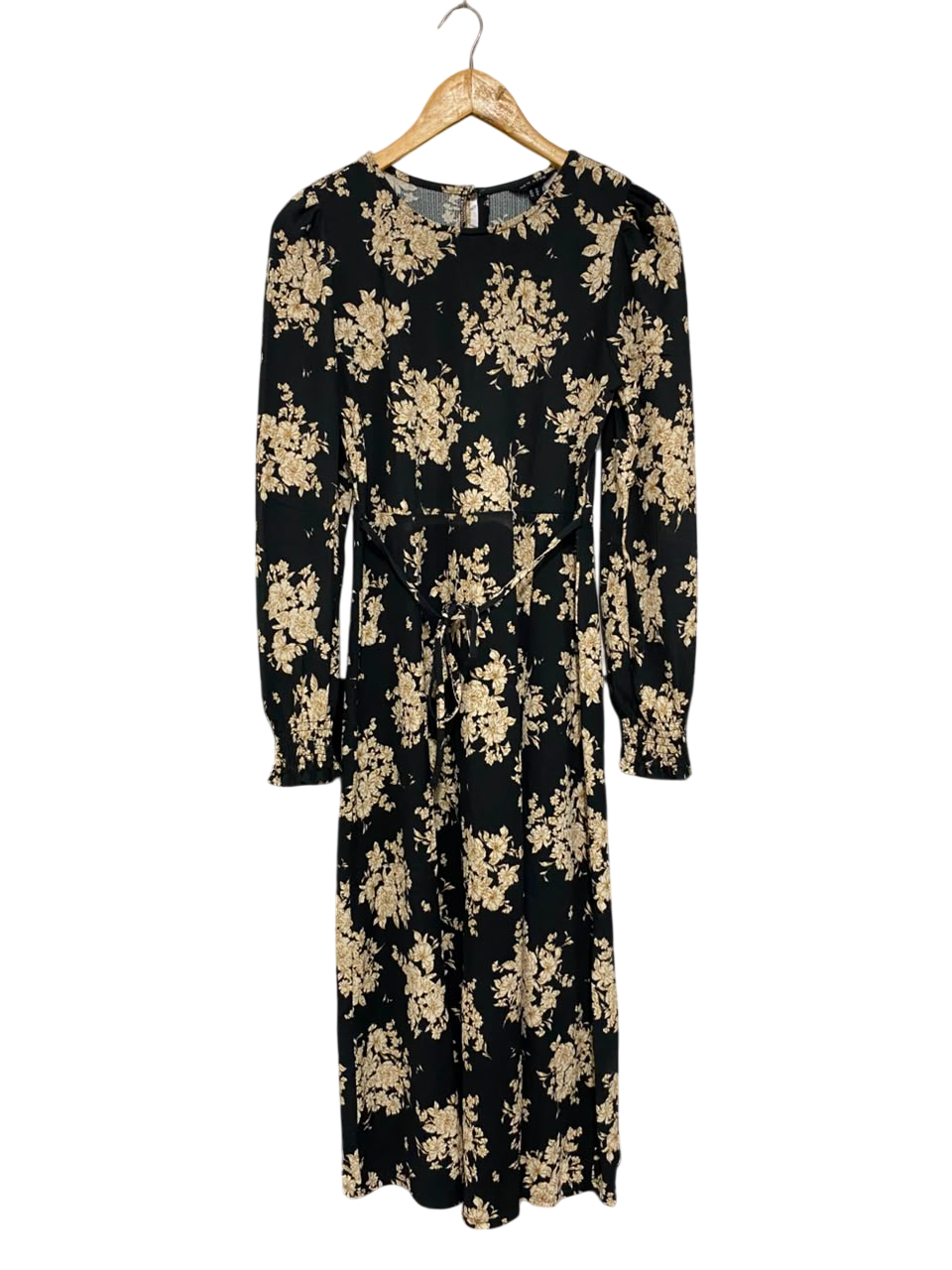 NEW LOOK |L| BUST FREE| A24| BLACK AND BEIGE FLORAL PRINT LONG-SLEEVE MIDI DRESS | ELEGANT TIE-WAIST PARTY DRESS