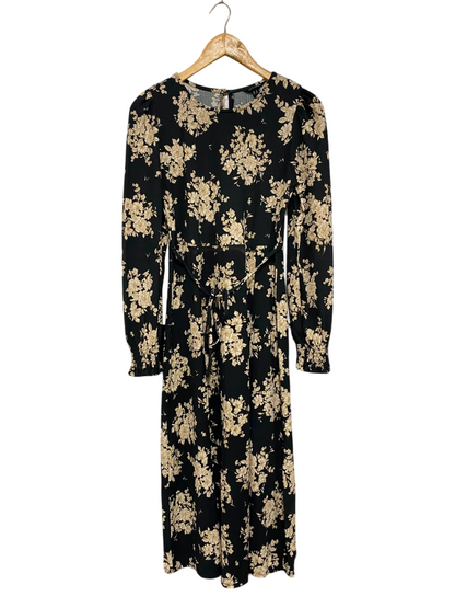 NEW LOOK |L| BUST FREE| A24| BLACK AND BEIGE FLORAL PRINT LONG-SLEEVE MIDI DRESS | ELEGANT TIE-WAIST PARTY DRESS
