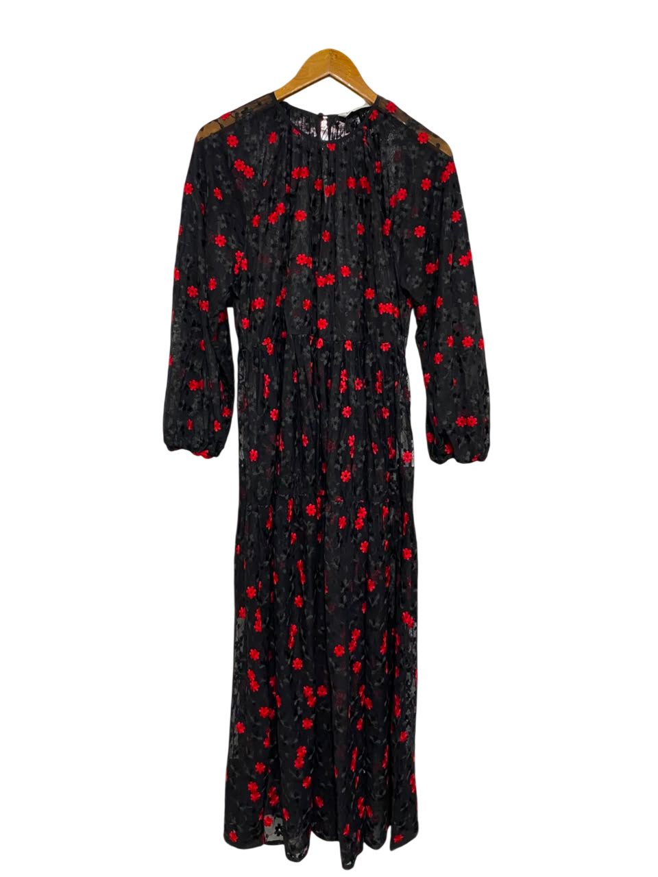 ZARA |S| BUST 19| A24| BLACK AND RED FLORAL JACQUARD LONG-SLEEVE MAXI DRESS | ELEGANT EVENING PARTY DRESS