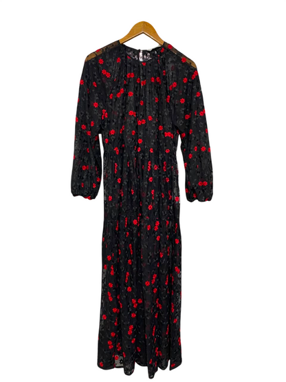 ZARA |S| BUST 19| A24| BLACK AND RED FLORAL JACQUARD LONG-SLEEVE MAXI DRESS | ELEGANT EVENING PARTY DRESS