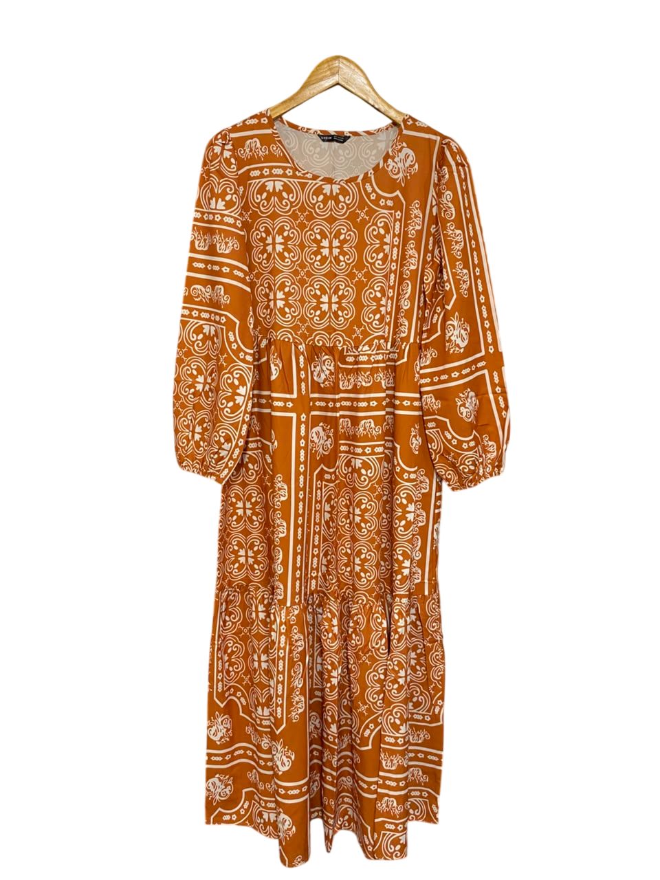 SHEIN |S| BUST 19| A24| RUST ORANGE AND WHITE BAROQUE PRINT TIERED LONG-SLEEVE MIDI DRESS | BOHEMIAN ELEGANT MAXI DRESS