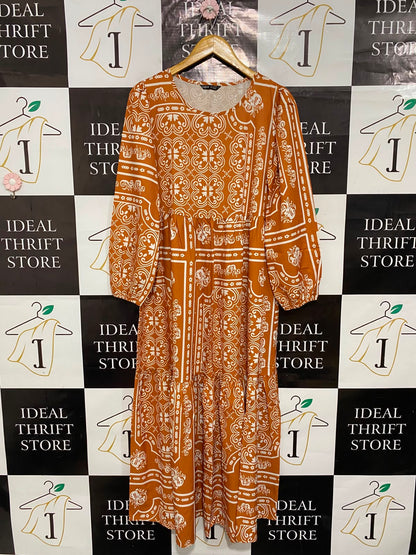 SHEIN |S| BUST 19| A24| RUST ORANGE AND WHITE BAROQUE PRINT TIERED LONG-SLEEVE MIDI DRESS | BOHEMIAN ELEGANT MAXI DRESS
