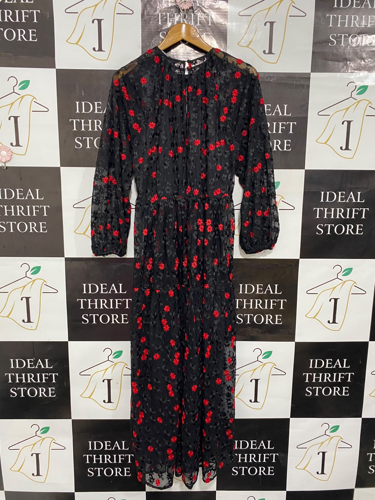 ZARA |S| BUST 19| A24| BLACK AND RED FLORAL JACQUARD LONG-SLEEVE MAXI DRESS | ELEGANT EVENING PARTY DRESS