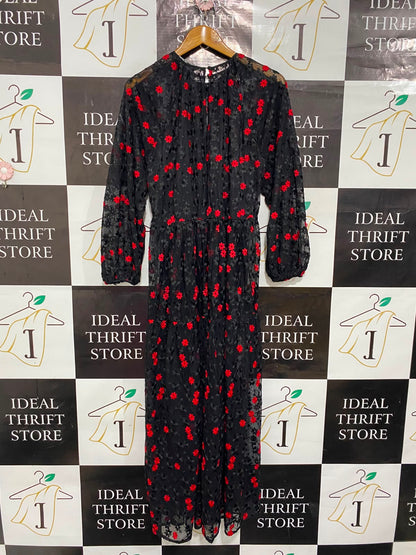 ZARA |S| BUST 19| A24| BLACK AND RED FLORAL JACQUARD LONG-SLEEVE MAXI DRESS | ELEGANT EVENING PARTY DRESS