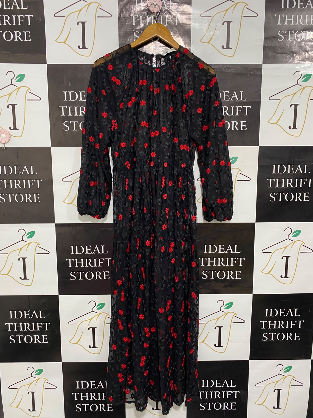 ZARA |S| BUST 19| A24| BLACK AND RED FLORAL JACQUARD LONG-SLEEVE MAXI DRESS | ELEGANT EVENING PARTY DRESS