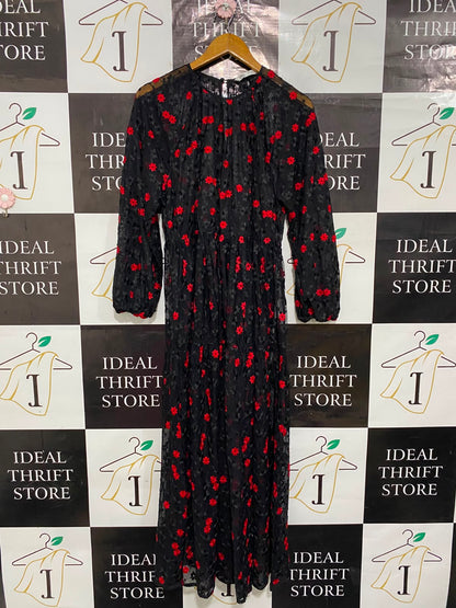 ZARA |S| BUST 19| A24| BLACK AND RED FLORAL JACQUARD LONG-SLEEVE MAXI DRESS | ELEGANT EVENING PARTY DRESS