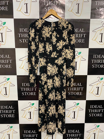 NEW LOOK |L| BUST FREE| A24| BLACK AND BEIGE FLORAL PRINT LONG-SLEEVE MIDI DRESS | ELEGANT TIE-WAIST PARTY DRESS