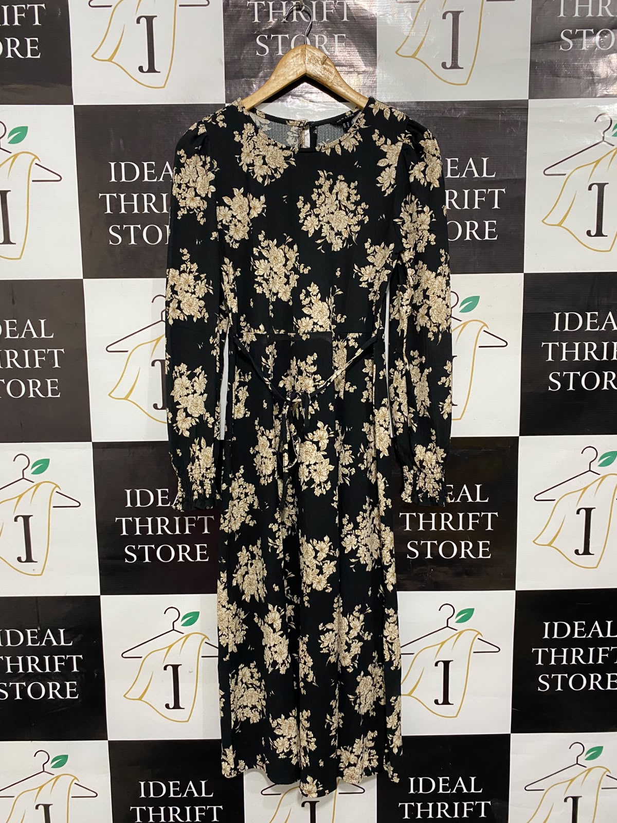 NEW LOOK |L| BUST FREE| A24| BLACK AND BEIGE FLORAL PRINT LONG-SLEEVE MIDI DRESS | ELEGANT TIE-WAIST PARTY DRESS