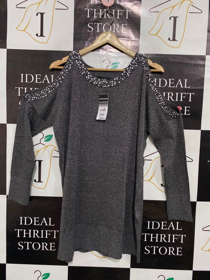 WALLIS |M| BUST FREE| A24| CHARCOAL SPARKLING COLD-SHOULDER EMBELLISHED KNIT TOP | GLAMOROUS PARTY TUNIC