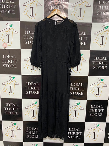 PRIMARK |M| BUST 19| A24| BLACK JACQUARD TIERED MIDI DRESS | ELEGANT LONG-SLEEVE EVENING DRESS