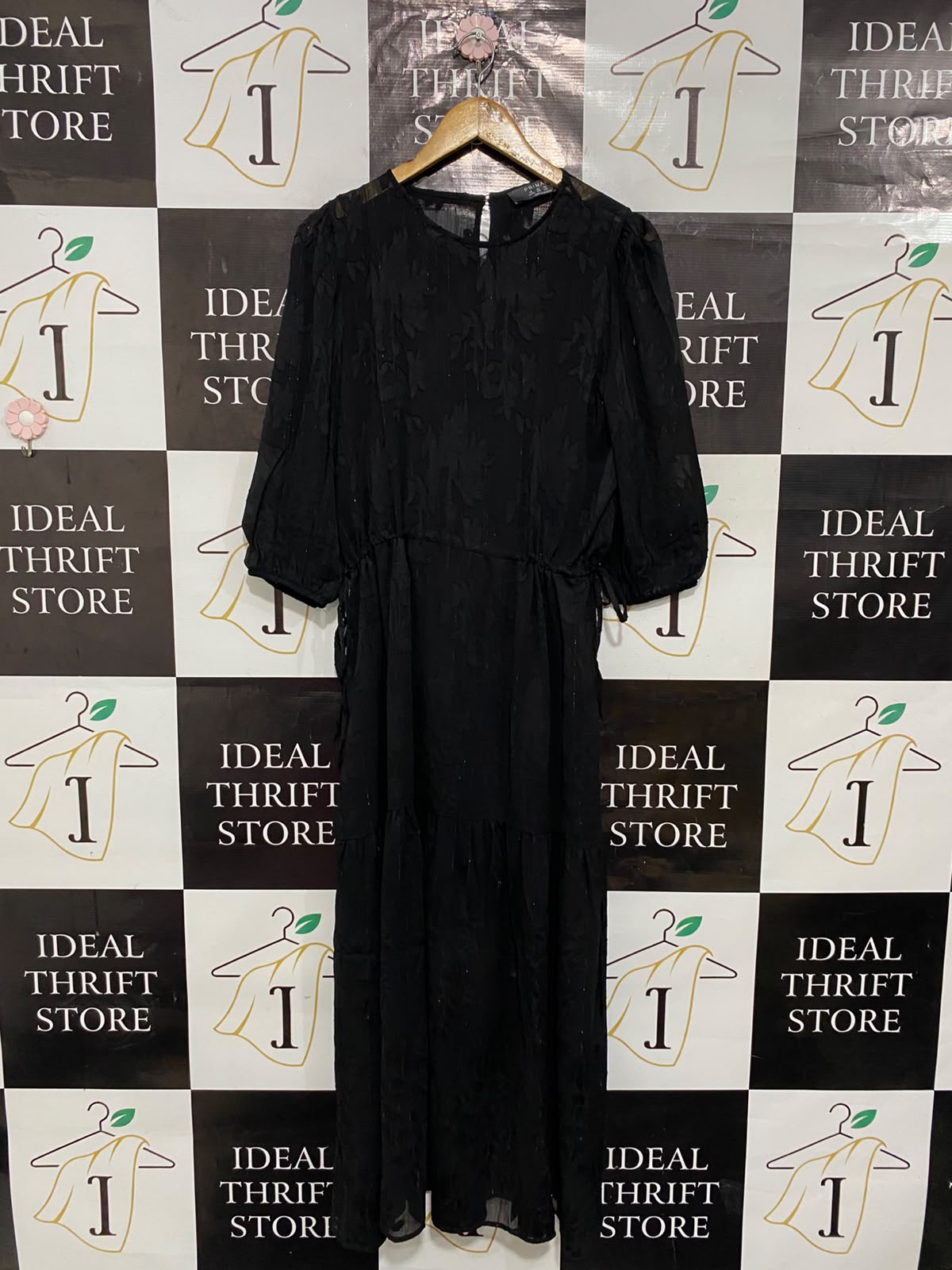 PRIMARK |M| BUST 19| A24| BLACK JACQUARD TIERED MIDI DRESS | ELEGANT LONG-SLEEVE EVENING DRESS