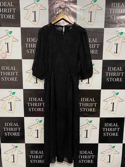 PRIMARK |M| BUST 19| A24| BLACK JACQUARD TIERED MIDI DRESS | ELEGANT LONG-SLEEVE EVENING DRESS