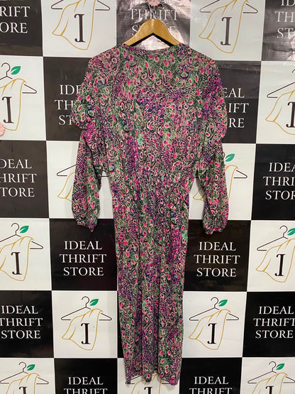 ZARA TRAFALUC |L| BUST 20| A24| MULTICOLOR ABSTRACT PRINT RUFFLE-SHOULDER LONG-SLEEVE MIDI DRESS