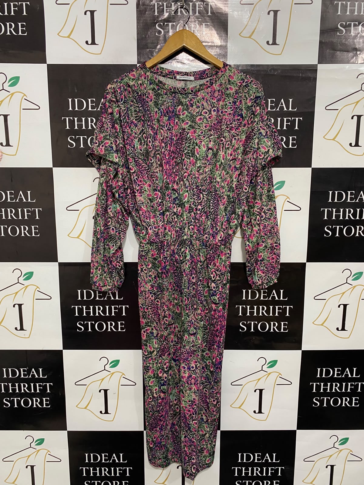 ZARA TRAFALUC |L| BUST 20| A24| MULTICOLOR ABSTRACT PRINT RUFFLE-SHOULDER LONG-SLEEVE MIDI DRESS