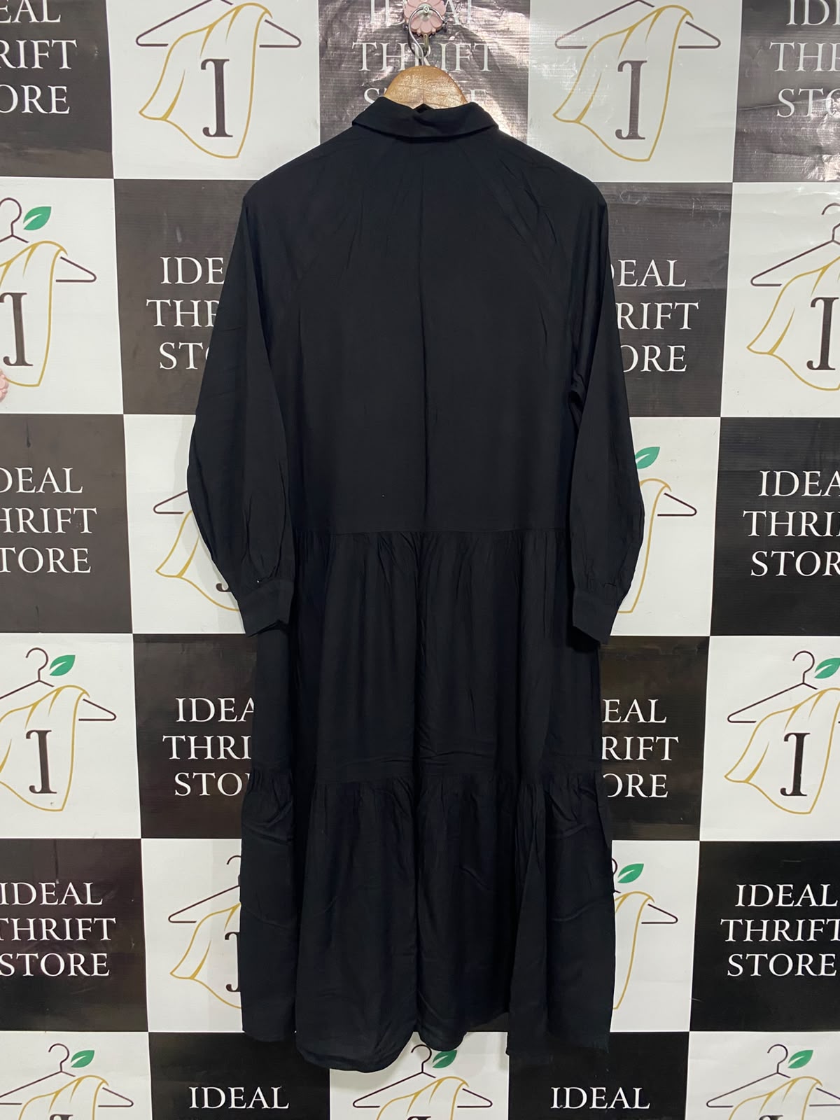 H&M |XS| BUST 20| A24| CLASSIC BLACK COLLARED BUTTON-UP TIERED MIDI SHIRT DRESS | ELEGANT LONG-SLEEVE MAXI DRESS