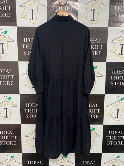 H&M |XS| BUST 20| A24| CLASSIC BLACK COLLARED BUTTON-UP TIERED MIDI SHIRT DRESS | ELEGANT LONG-SLEEVE MAXI DRESS