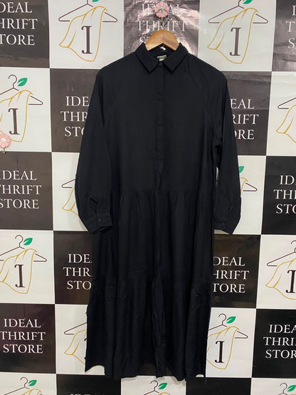 H&M |XS| BUST 20| A24| CLASSIC BLACK COLLARED BUTTON-UP TIERED MIDI SHIRT DRESS | ELEGANT LONG-SLEEVE MAXI DRESS