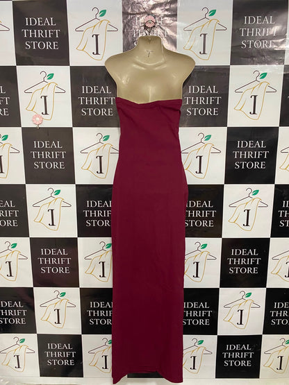 PRETTYLITTLE THING |S| BUST 15| A24| BURGUNDY STRAPLESS CONTRAST STITCHING TUBE MAXI DRESS | ELEGANT SLIM-FIT BODYCON GOWN