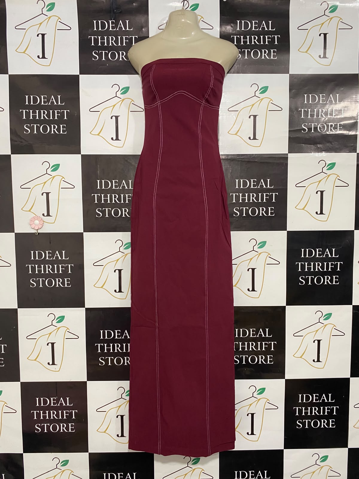 PRETTYLITTLE THING |S| BUST 15| A24| BURGUNDY STRAPLESS CONTRAST STITCHING TUBE MAXI DRESS | ELEGANT SLIM-FIT BODYCON GOWN