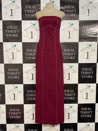 PRETTYLITTLE THING |S| BUST 15| A24| BURGUNDY STRAPLESS CONTRAST STITCHING TUBE MAXI DRESS | ELEGANT SLIM-FIT BODYCON GOWN