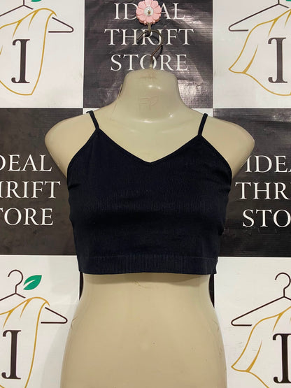 PRIMARK CARES |S| BUST 15| A24| CLASSIC BLACK RIBBED SPAGHETTI STRAP CROP TOP | BASIC COMFORTABLE CAMISOLE