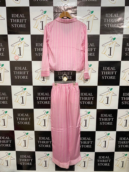 PRIMARK CARES |XS| A24| PINK AND WHITE STRIPED SATIN LONG-SLEEVE PAJAMA SET | COMFORTABLE LOUNGEWEAR SLEEPWEAR