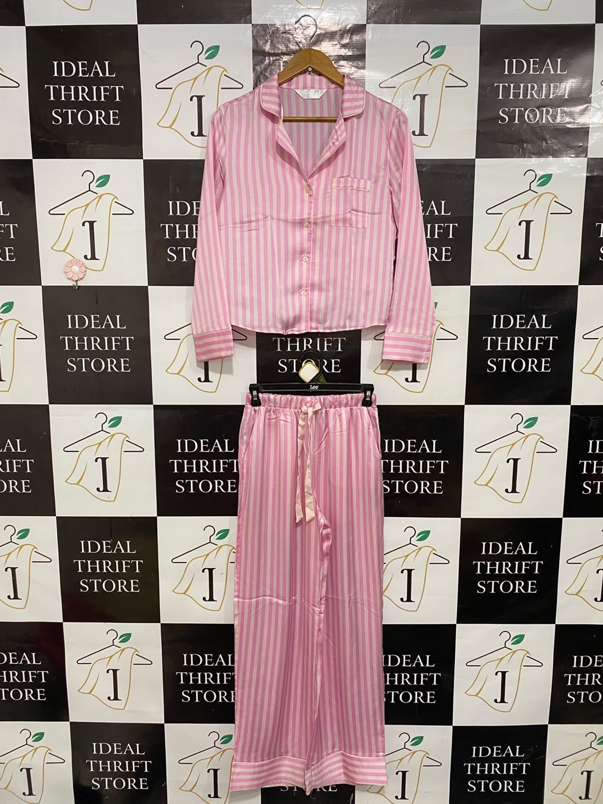 PRIMARK CARES |XS| A24| PINK AND WHITE STRIPED SATIN LONG-SLEEVE PAJAMA SET | COMFORTABLE LOUNGEWEAR SLEEPWEAR