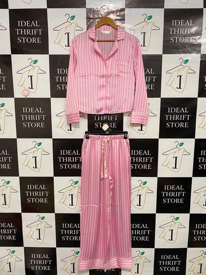 PRIMARK CARES |XS| A24| PINK AND WHITE STRIPED SATIN LONG-SLEEVE PAJAMA SET | COMFORTABLE LOUNGEWEAR SLEEPWEAR