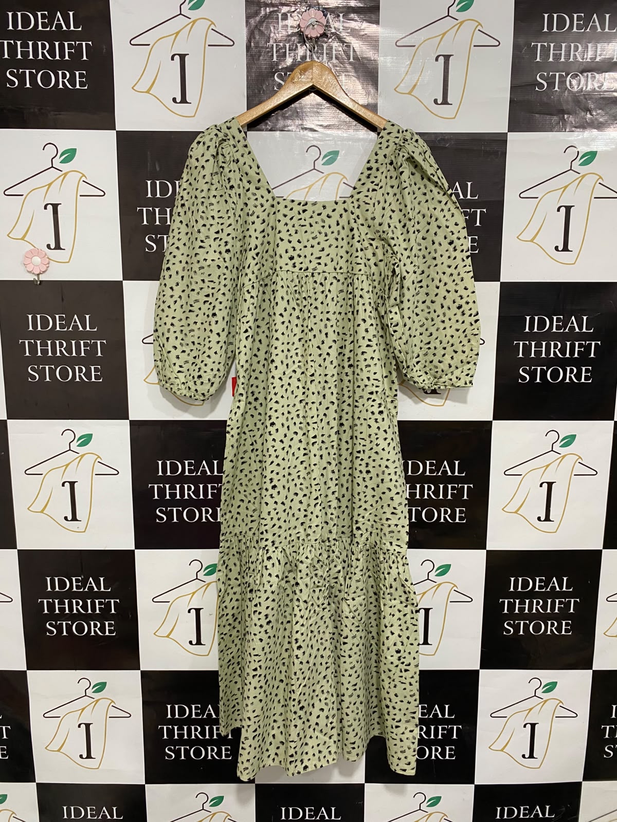 EDITED |M| BUST 18| A24| SAGE GREEN AND BLACK ABSTRACT ANIMAL PRINT SQUARE-NECK TIERED MIDI DRESS | BOHEMIAN PUFF-SLEEVE DRESS