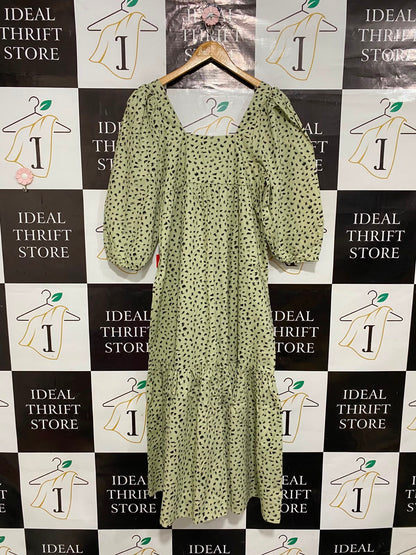 EDITED |M| BUST 18| A24| SAGE GREEN AND BLACK ABSTRACT ANIMAL PRINT SQUARE-NECK TIERED MIDI DRESS | BOHEMIAN PUFF-SLEEVE DRESS