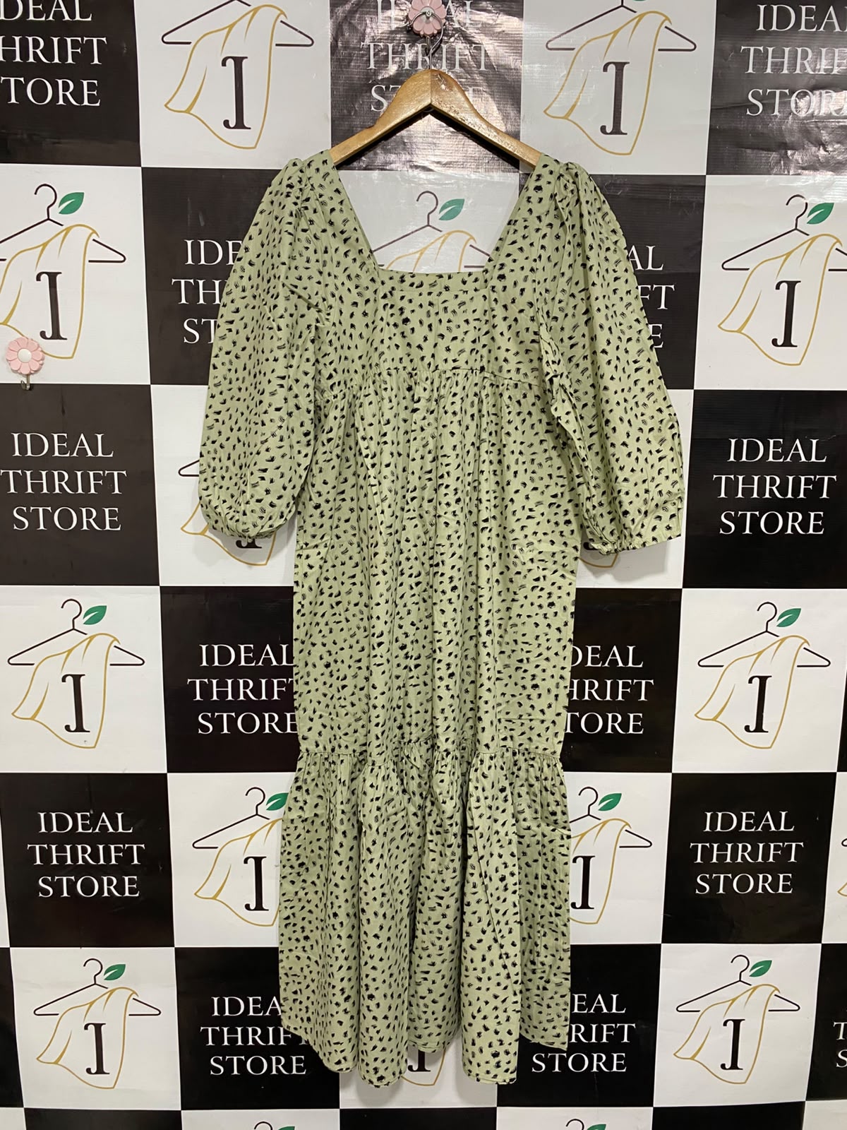 EDITED |M| BUST 18| A24| SAGE GREEN AND BLACK ABSTRACT ANIMAL PRINT SQUARE-NECK TIERED MIDI DRESS | BOHEMIAN PUFF-SLEEVE DRESS