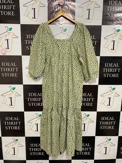 EDITED |M| BUST 18| A24| SAGE GREEN AND BLACK ABSTRACT ANIMAL PRINT SQUARE-NECK TIERED MIDI DRESS | BOHEMIAN PUFF-SLEEVE DRESS