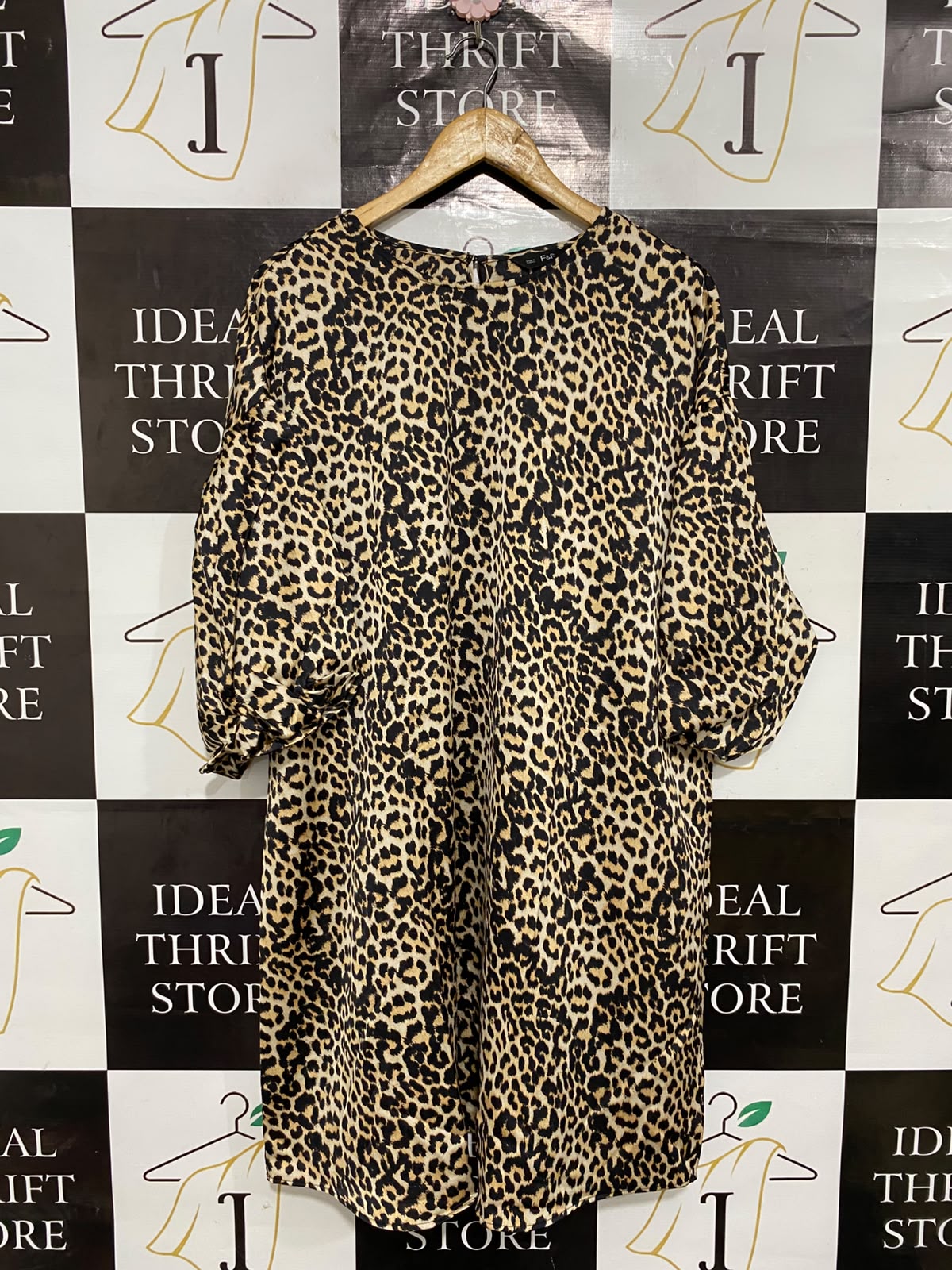 F&F |L| BUST 24| A24| LEOPARD PRINT SATIN SHORT SLEEVE MINI DRESS | BOLD ANIMAL PRINT TUNIC DRESS