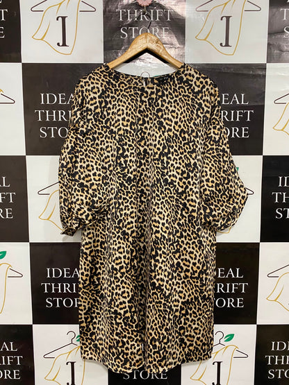 F&F |L| BUST 24| A24| LEOPARD PRINT SATIN SHORT SLEEVE MINI DRESS | BOLD ANIMAL PRINT TUNIC DRESS