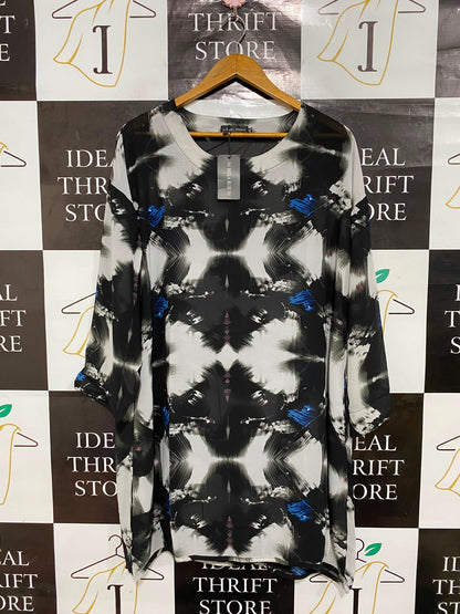 BELLA BLUE |L/XL| BUST 22| A24| BLUE BLACK, WHITE, AND BLUE ABSTRACT BRUSHSTROKE PRINT TUNIC TOP | ARTISTIC OVERSIZED BLOUSE