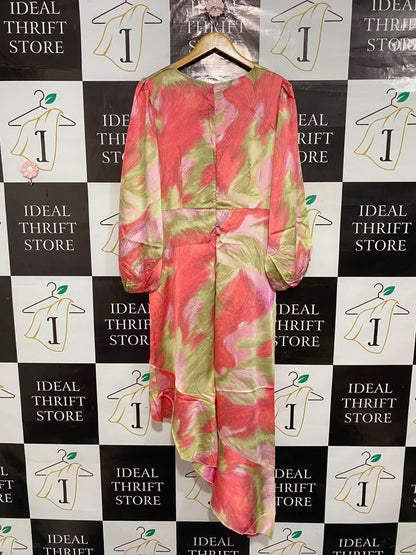 QUIZ |L| BUST 19| A24| CORAL, PINK, AND SAGE GREEN ABSTRACT SATIN ASYMMETRIC WRAP MIDI DRESS | VIBRANT RUFFLE-ACCENTED COCKTAIL DRESS