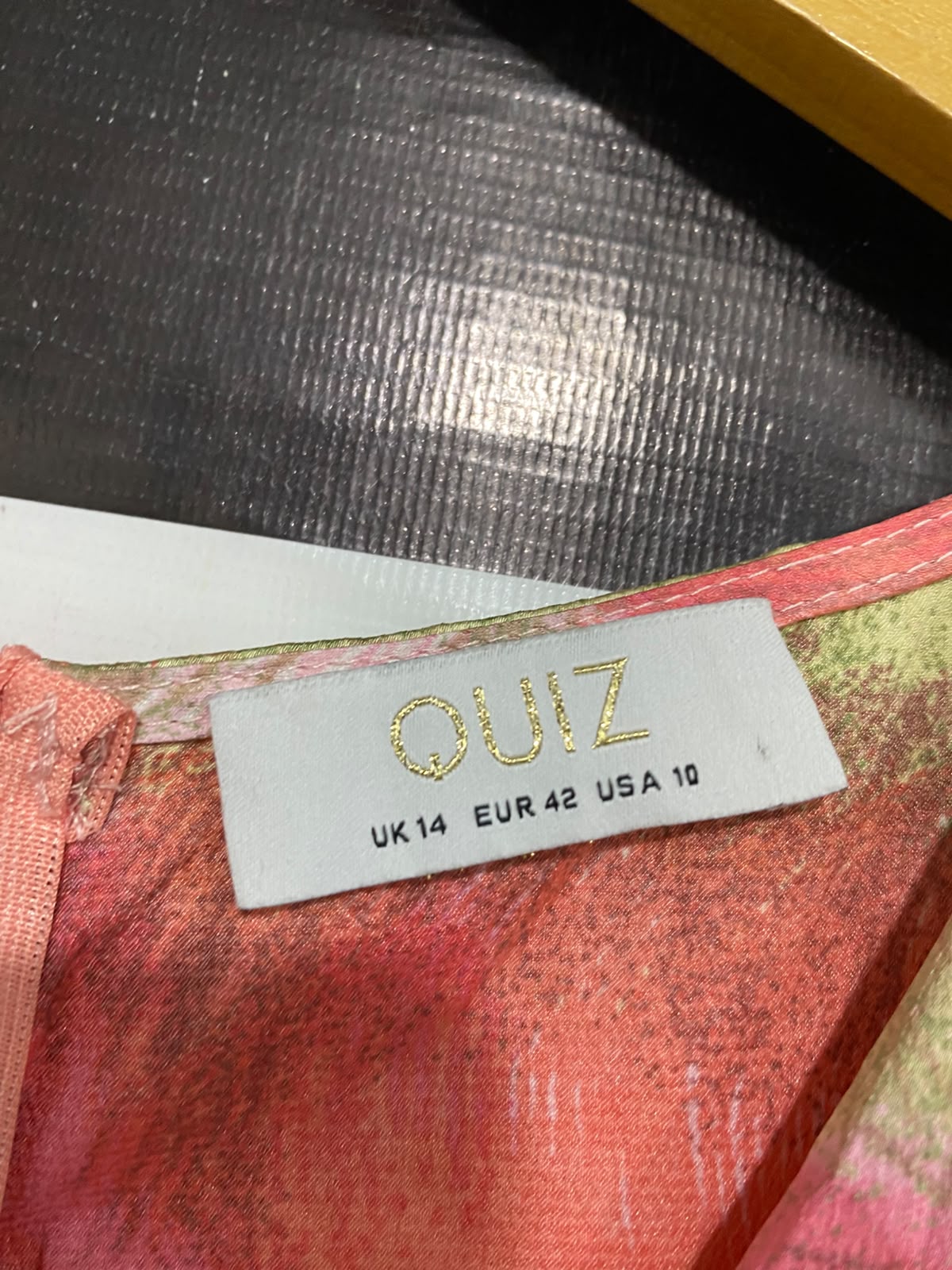 QUIZ |L| BUST 19| A24| CORAL, PINK, AND SAGE GREEN ABSTRACT SATIN ASYMMETRIC WRAP MIDI DRESS | VIBRANT RUFFLE-ACCENTED COCKTAIL DRESS