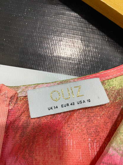 QUIZ |L| BUST 19| A24| CORAL, PINK, AND SAGE GREEN ABSTRACT SATIN ASYMMETRIC WRAP MIDI DRESS | VIBRANT RUFFLE-ACCENTED COCKTAIL DRESS