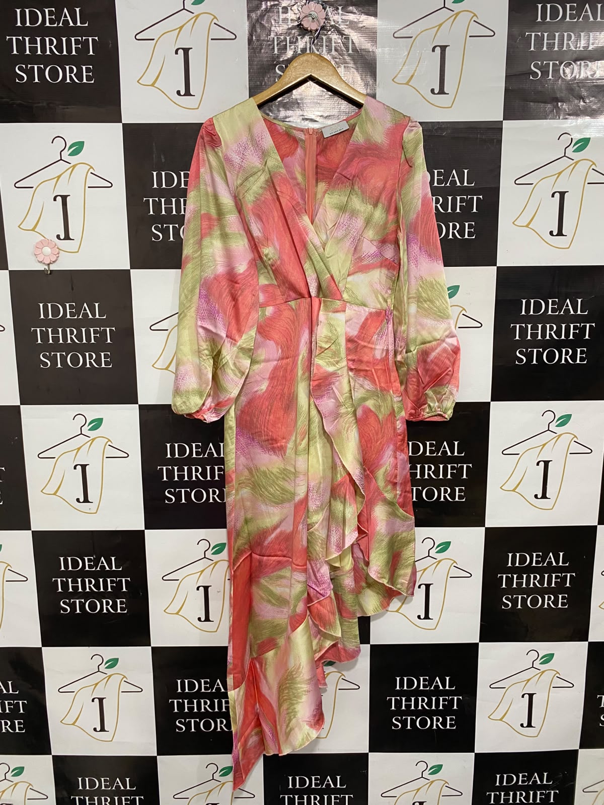 QUIZ |L| BUST 19| A24| CORAL, PINK, AND SAGE GREEN ABSTRACT SATIN ASYMMETRIC WRAP MIDI DRESS | VIBRANT RUFFLE-ACCENTED COCKTAIL DRESS