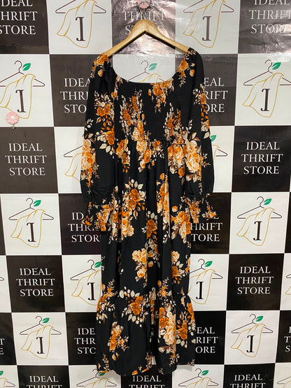 SHEIN CURVE |XL| BUST 16| A24| BLACK AND AMBER ORANGE FLORAL PRINT SMOCKED MIDI DRESS | BOHEMIAN LONG-SLEEVE TIERED GOWN