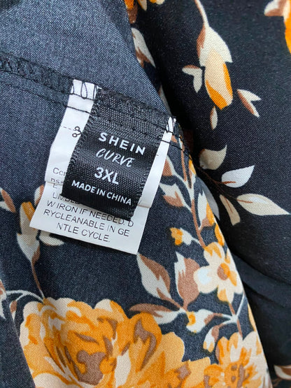 SHEIN CURVE |XL| BUST 16| A24| BLACK AND AMBER ORANGE FLORAL PRINT SMOCKED MIDI DRESS | BOHEMIAN LONG-SLEEVE TIERED GOWN